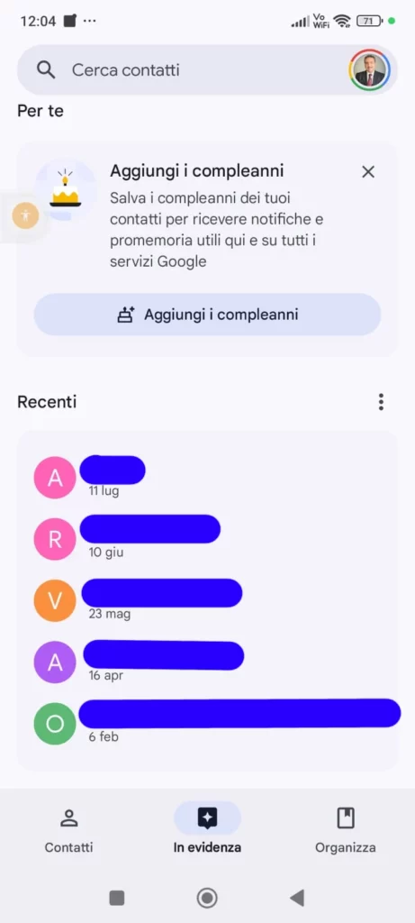 Google contacts: come appare la schermata "In Evidenza" ora.