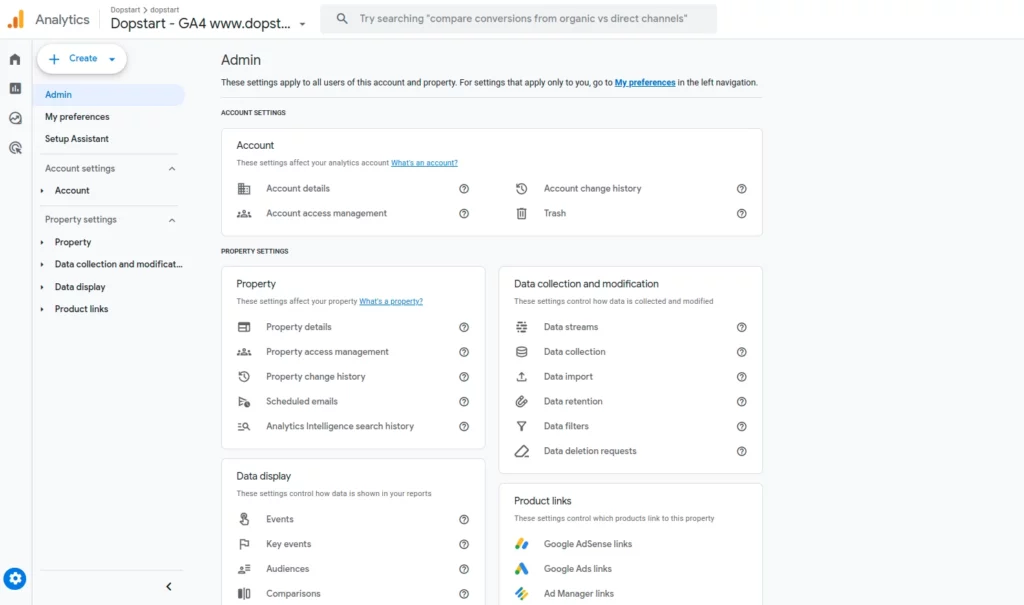 Google Analytics Admin Screen